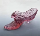 Fenton Cranberry Pink Glass Daisy & Button Cat Head Slipper Shoe, 6"