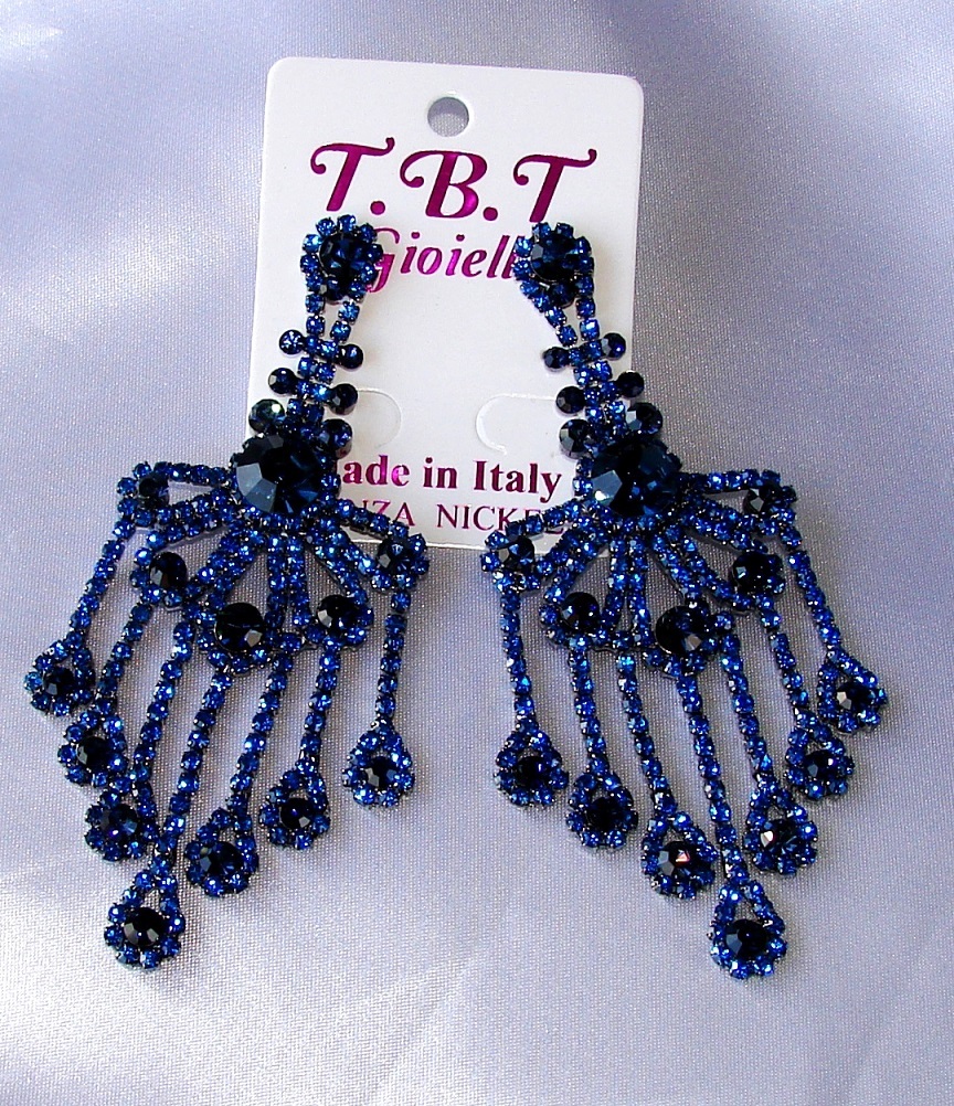 Flamenco Pendientes Largo Negro Estrás, Circonita, Cristales, de Mujer, Azul