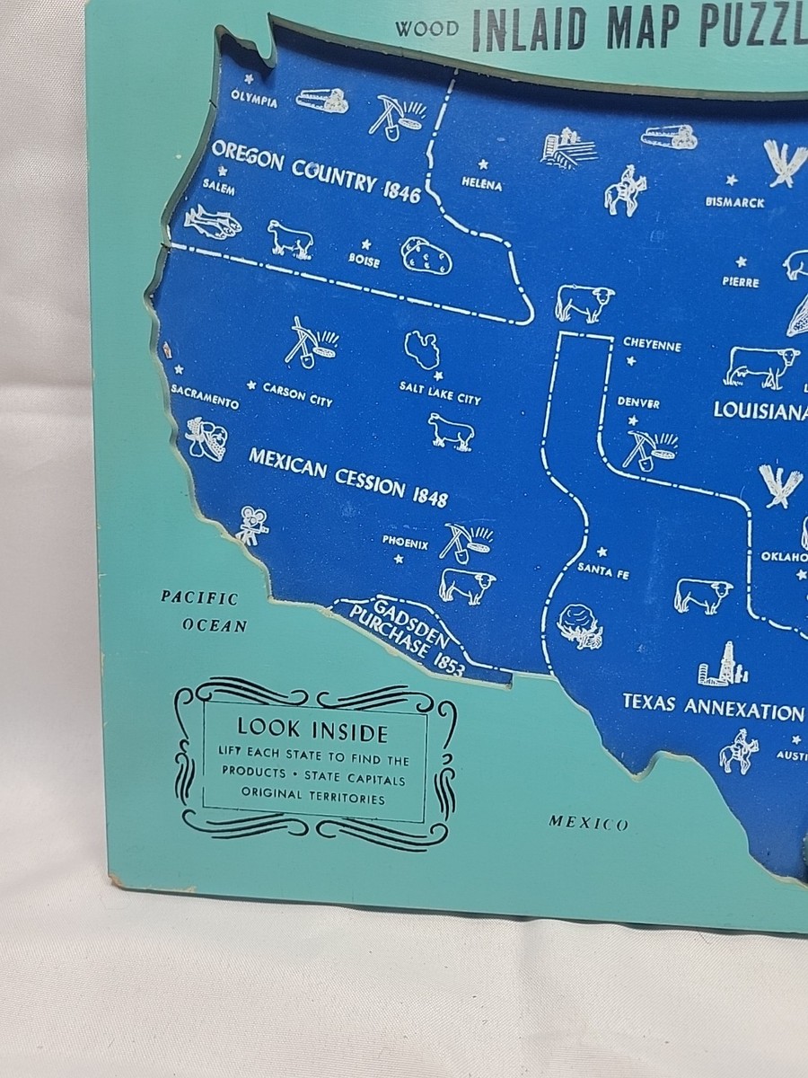 Vintage Playskool 48 State Wood Inlaid United States Map Puzzle