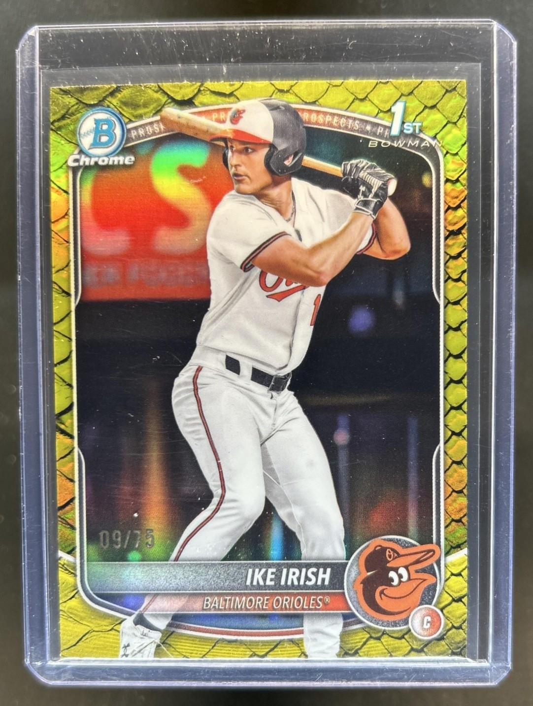 2025 Bowman Draft Ike Irish Chrome Yellow Reptilian Refractor 1st #/75 Orioles