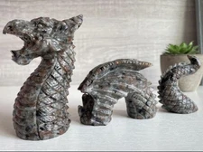 6" Natural Yooperlite Carved Dragon Crystal Dragon Skull Carving Healing 3PC set