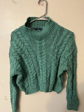 Women  s RALPH LAUREN Green Cable Knit Cotton Mock Neck Sweater Green