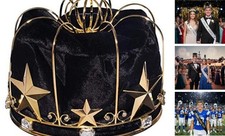 Gold Metal King Crown with Black Velvet Topper and Clear Rhinestones, for