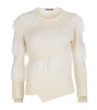 euc Alexandra Mcqueen Asymmetric Ruffle-Knit Sweater top Ivory fringe SZ XS 0