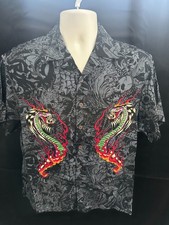 Ed Hardy Men's Size M Black Short Sleeve Cobra Flame Button Up Shirt NWT
