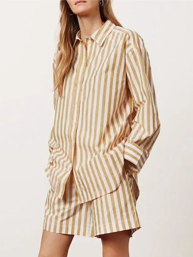 Brown and White Striped Pajama set Button up Summer Short Sleeve top with Shorts - Picture 4 of 6