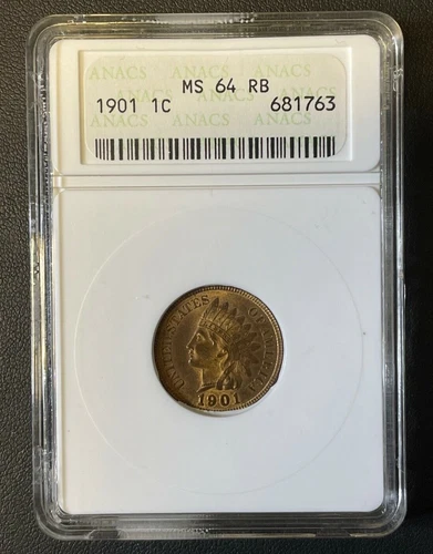 1901 Indian Head 1 Cent, Old ANACS Small Case, MS-64 Red Brown, High Grade Coin