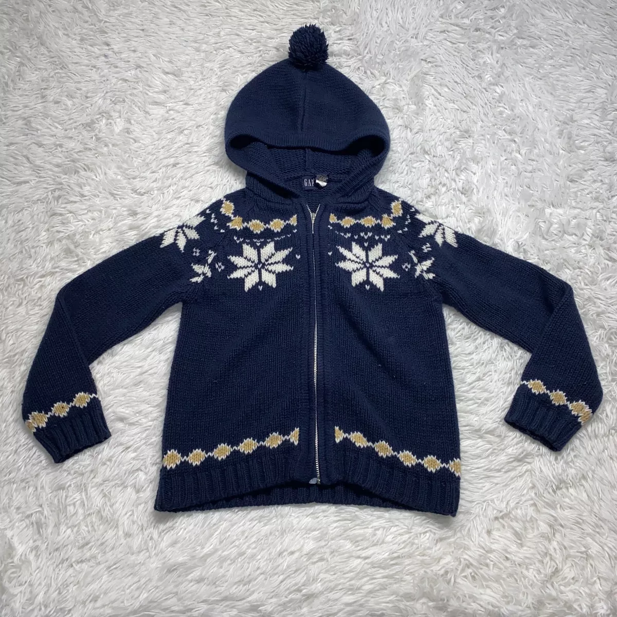 Boys Gap Navy Blue Long Sleeve Full Zip Hooded Holiday Sweater