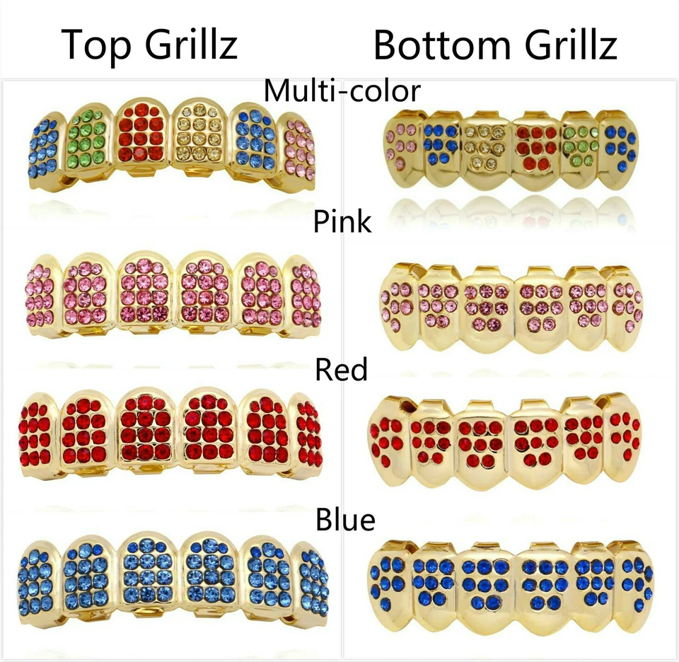 Parrilla de dientes superior inferior superior enchapada en oro de 14K multicolor Hip Hop Foto 2 de 4