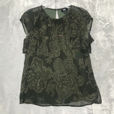 W by Worth Top Womens 4 Green Paisley Print Crew Neck Ruffle Cap Sleeve Lined