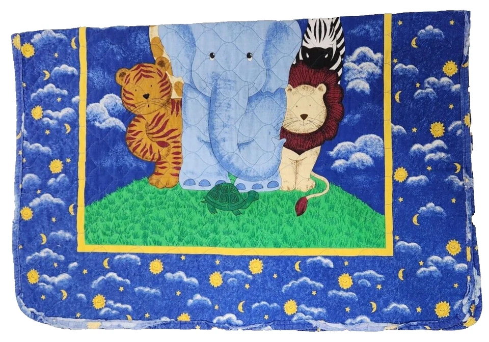 Manta acolchada vintage azul jungla animal safari bebé retro guardería blankie Foto 4 de 4