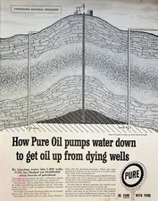 1958 Pure Oil Company 1950s Print Ad Dying Wells Pumps Water Down to Get Oil Up