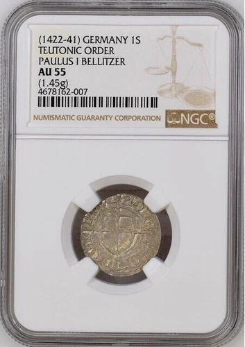 Germany Poland Silver Schilling 1442 - 41 NGC AU55  Teutonic  Paulus I Bellitzer