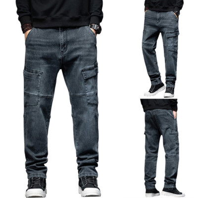 Men Stretch Loose Denim Jeans Pants Distressed Cargo Work Trousers Pocket