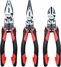 3PCS Combination Pliers Set, 9 In 1 Multifunction Electrician Reddish Black 