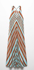 MNG by Mango Striped V-Neck Maxi Dress Turquoise & Brown, Size S