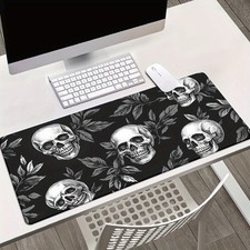 40 90cm Gothic Skull Leaf Print Mouse Pad - Black White Non-Slip Rubber Base