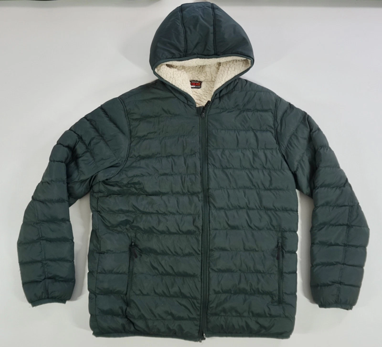 32 Degrees Heat Jacket Sz Men's Large Green Zip Sherpa Down Puffer Hooded Coat
