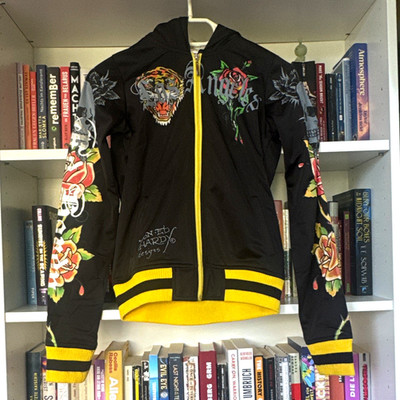 Ed Hardy Damen Zip-Hoodie XS Schwarz/Gelb Tiger Print Kapuze Langarm GUT