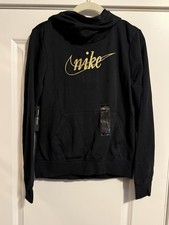 NIKE Funnel Neck Hoodie Womens XS Black Gold Foil Logo Cowl Long Sleeve