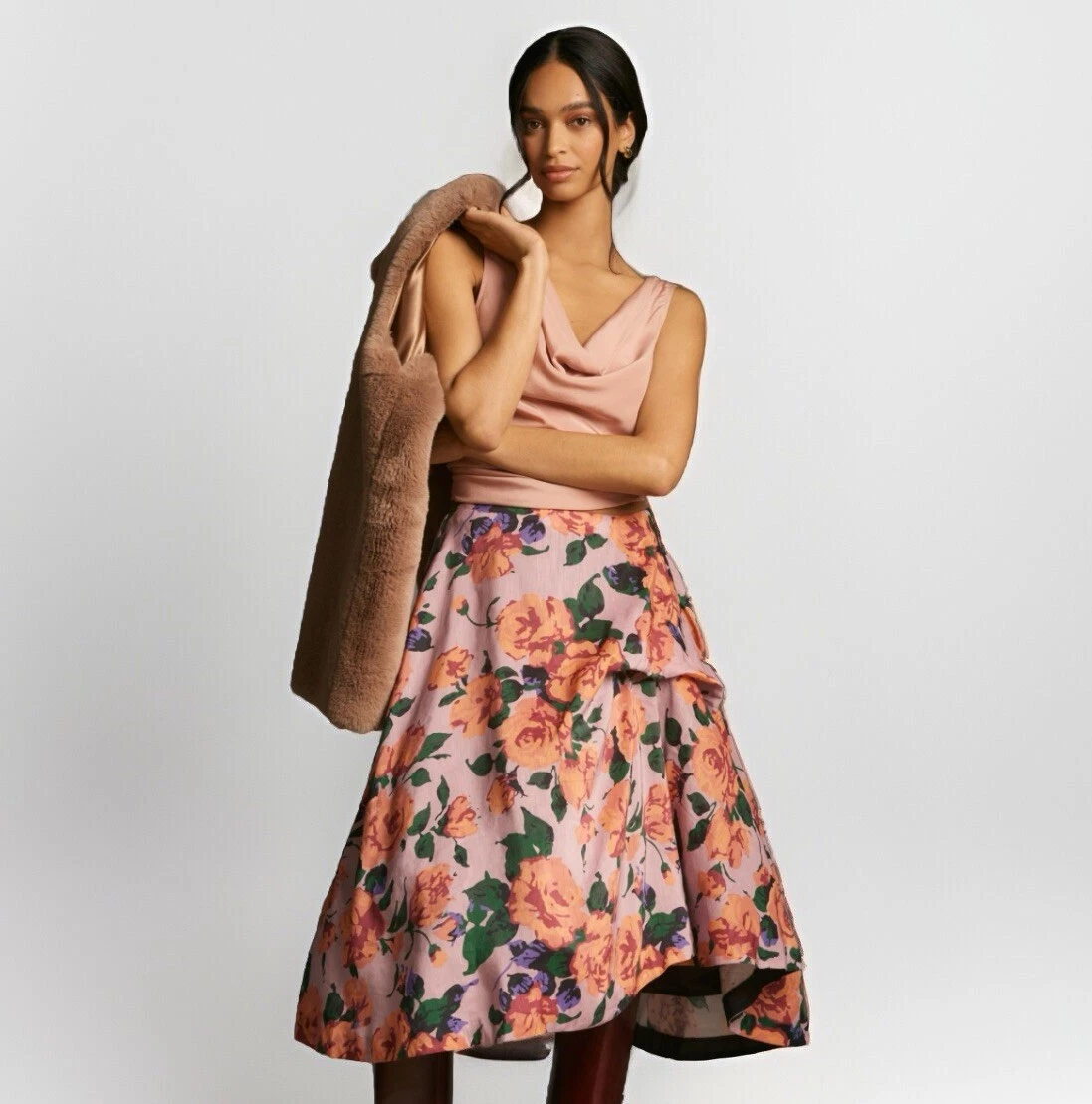 Anthropologie Size M Hope For Flowers Linen Silk Floral Midi Full Ball Skirt NWT