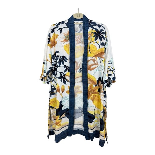 Chico's Tropical Ruana Wrap Size S/M Lightweight Kimono Sleeves Yellow Navy
