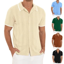 Men's Knitted Shirt Casual Slim Shirts Short Sleeve Button Down Tops Blouse