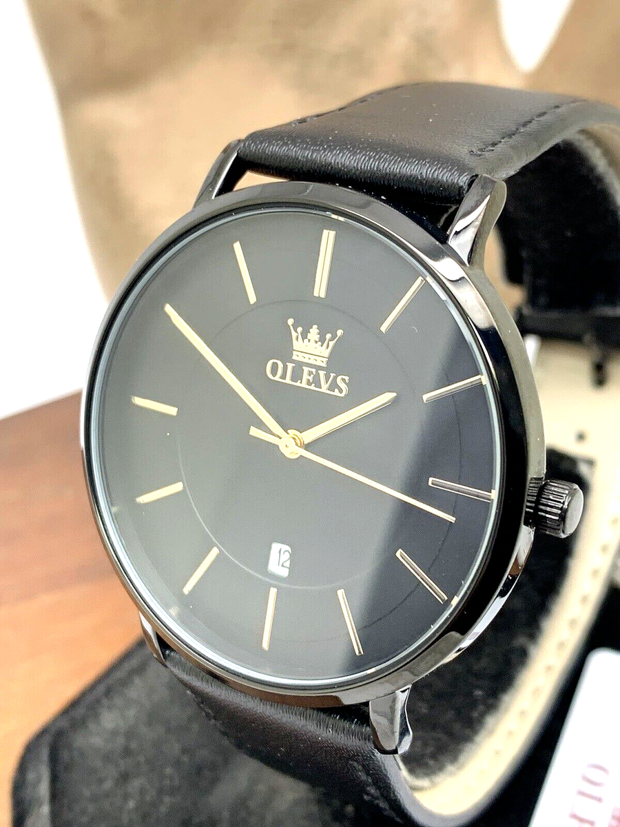 Olevs Men's Watch 5869G Quartz Black Dial Date Leather Band 40mm