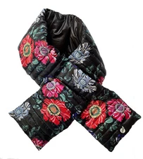 THINK ROYLN Down Puffer Scarf Reversible Pull-Through Black Floral