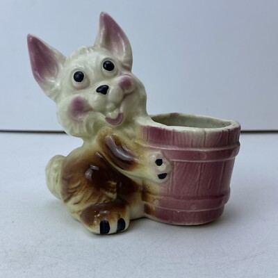 Vintage Happy Bunny Rabbit Dog With Bucket Ceramic Pottery Planter 1960s
