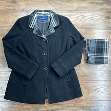 New England Mackintosh Wool Coat With Plaid Scarf  Lining Black Sz M Womens