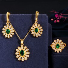 Yellow Gold Plated Green Cubic Zirconia Women Flower Necklace Earrings Ring Sets
