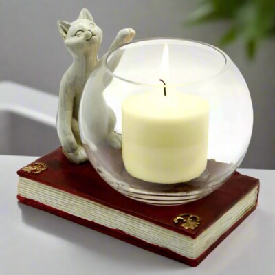Katze und Buch Kerzenhalter Glas & Harz Deko Artikel Katzenliebhaber Bücherwurm Geschenk