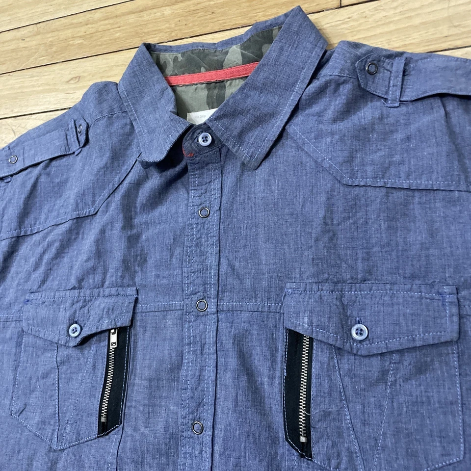 SOVEREIGN CODE Metal Snap Button Shirt Men XXL Blue Military Camo Zip-Pocket 2XL - Image 4 of 4