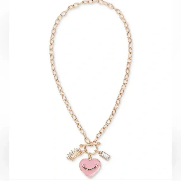 Juicy Couture Pink Enamel 1" Heart Charm Crown 17" Toggle Pendant Necklace NWT View 3