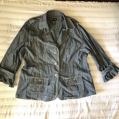 D. F. A. NEW YORK ladies XL blue Button Up Denim Jean Jacket pockets Epaulettes