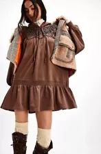 Free People Marty Smocked Sweatshirt Hooded Tunic Mini Dress Brown L NEW
