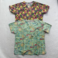 Lot Of 2 Crest Pullover Scrub Top Womens Medium Multicolor Cotton Short Sleeve