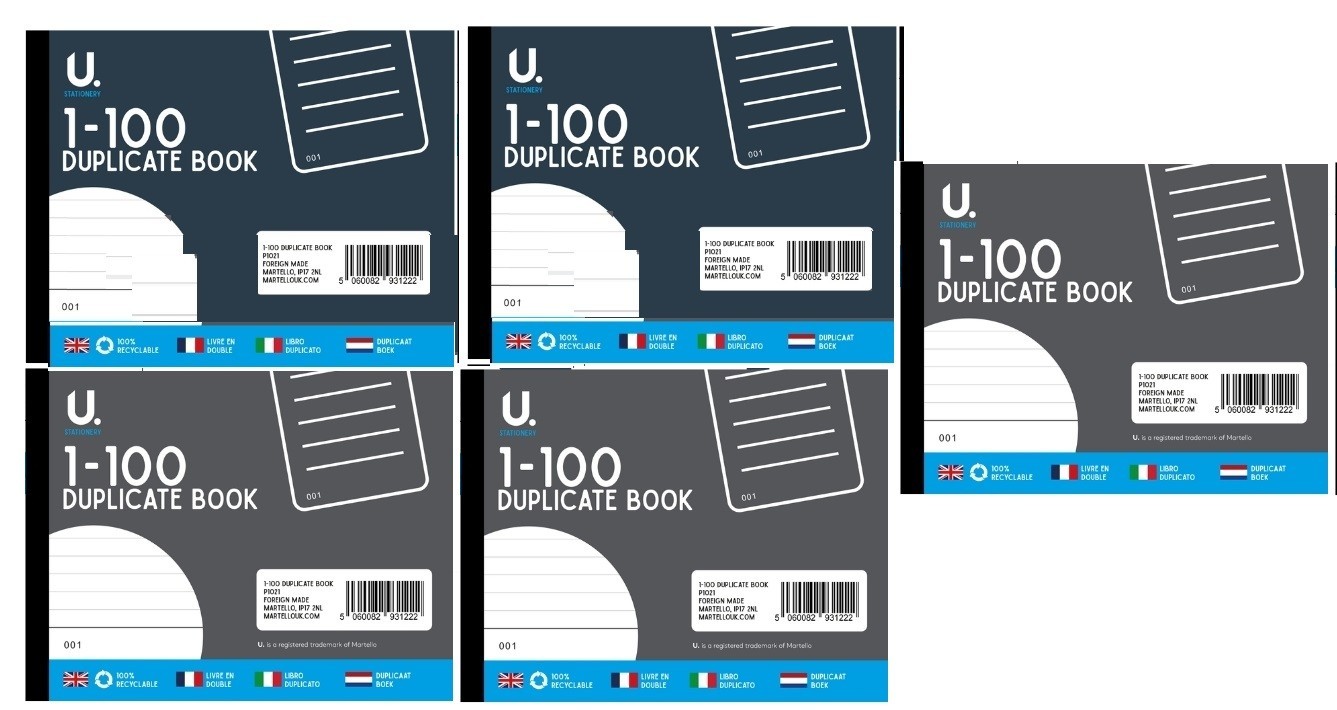 5 x Receipt Duplicate Book Numbered 1-100 Pages Carbon Attached Half Size