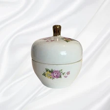 Vintage Porcelain Lidded Trinket Dish with Floral Design and Gold Accent Handle