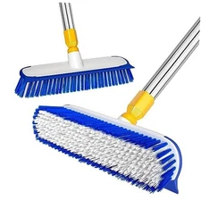  12" Wide Floor Scrub Brush with Long Handle, 2-in-1 Deck Cleaning Brush Blue