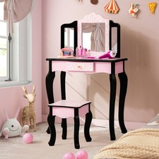 Kids Vanity Table  Stool Set Pretend Play Beauty Makeup Dressing Table w/Mirror