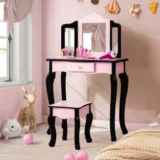 Kids Vanity Table & Stool Set Pretend Play Beauty Makeup Dressing Table w/Mirror