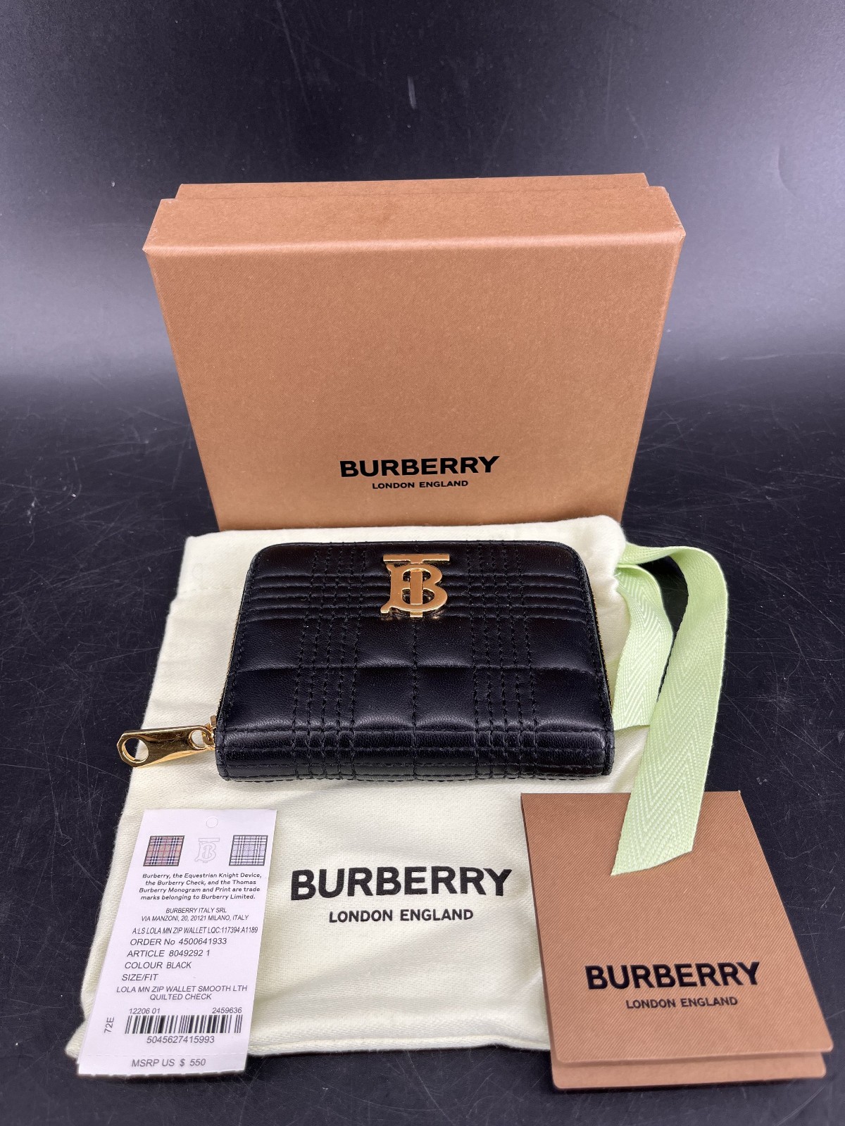 Burberry Lola Zip Around Wallet Black Quilted Leather TB Monogram Box Dust Bag