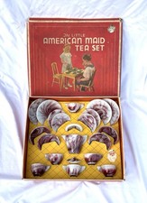 Complete Akro Agate Co. The Little American Maid Oxblood Vintage Toy Tea Set