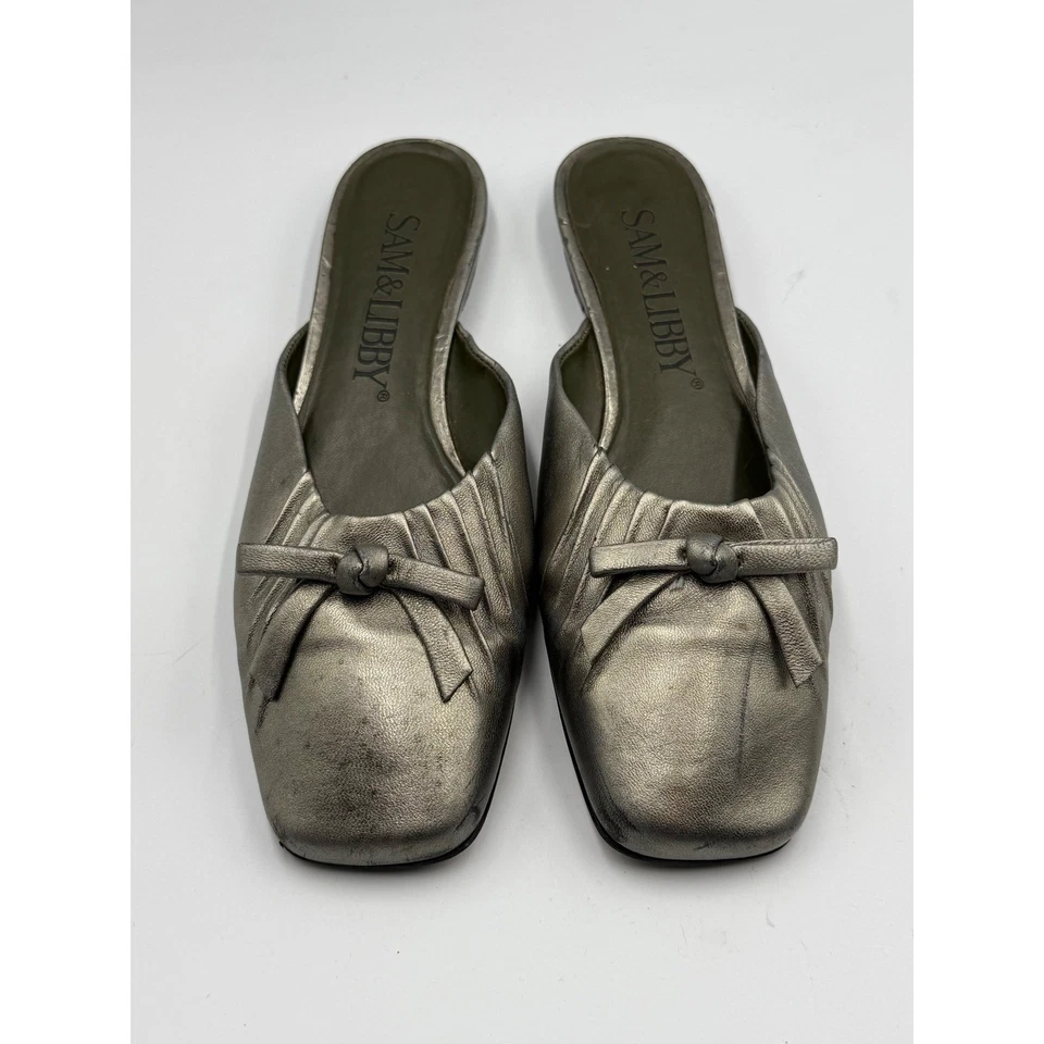Sam & Libby Mules de Cuero Metálico 9.5M Punta Cuadrada Arco Sin Cordones Ballet Pisos Años 90 Foto 2 de 4