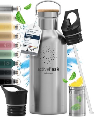 BeMaxx Trinkflasche Edelstahl ACTIVE FLASK silber Bamboo-Verschluss 950ml