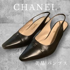 CHANEL Slingback Pumps Size 38 Black Elegant Design Medium Heel 8cm