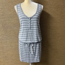 DKNY Day Dress Womens M Gray White Stripe Sleeveless Drawstring Waist Pockets