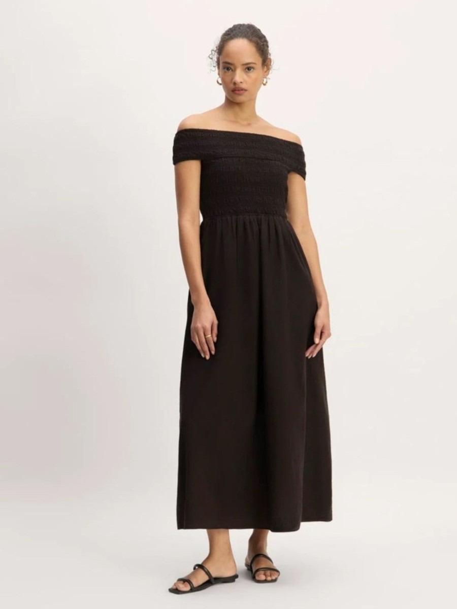 Everlane Gauze Off-The-Shoulder Dress NWT Size Medium Black Smocked Calf  Length | eBay